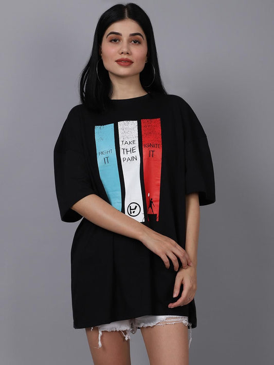 Women's Black Graphic Printed Pure Cotton Oversized T-Shirt